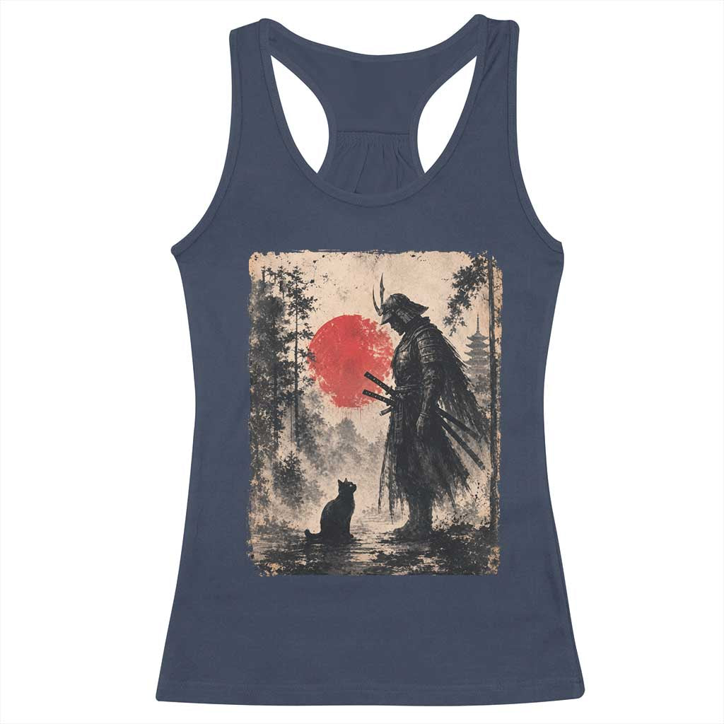 Vintage Japanese Samurai Warrior and Black Cat Racerback Tank Top TS10 Navy Print Your Wear