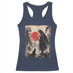 Vintage Japanese Samurai Warrior and Black Cat Racerback Tank Top TS10 Navy Print Your Wear