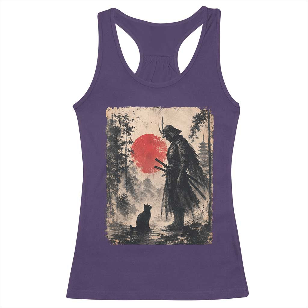 Vintage Japanese Samurai Warrior and Black Cat Racerback Tank Top TS10 Purple Print Your Wear