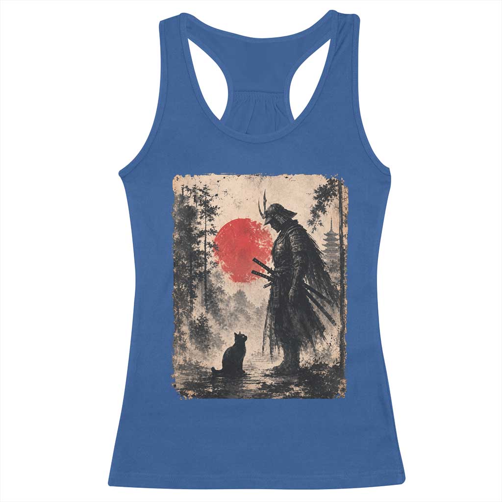 Vintage Japanese Samurai Warrior and Black Cat Racerback Tank Top TS10 Royal Blue Print Your Wear