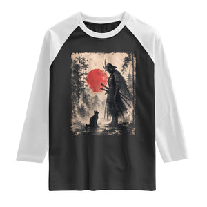 Vintage Japanese Samurai Warrior and Black Cat Raglan Shirt TS10 Black White Print Your Wear