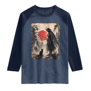 Vintage Japanese Samurai Warrior and Black Cat Raglan Shirt TS10 Heather Denim Navy Print Your Wear
