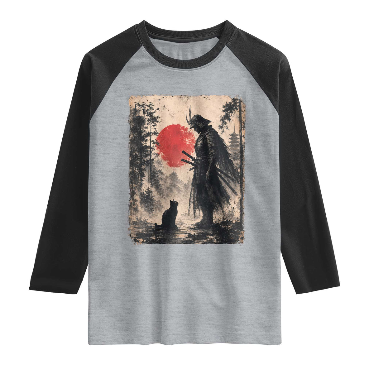 Vintage Japanese Samurai Warrior and Black Cat Raglan Shirt TS10 Heather Gray Black Print Your Wear