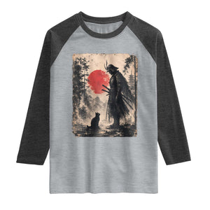 Vintage Japanese Samurai Warrior and Black Cat Raglan Shirt TS10 Heather Gray Heather Charcoal Print Your Wear