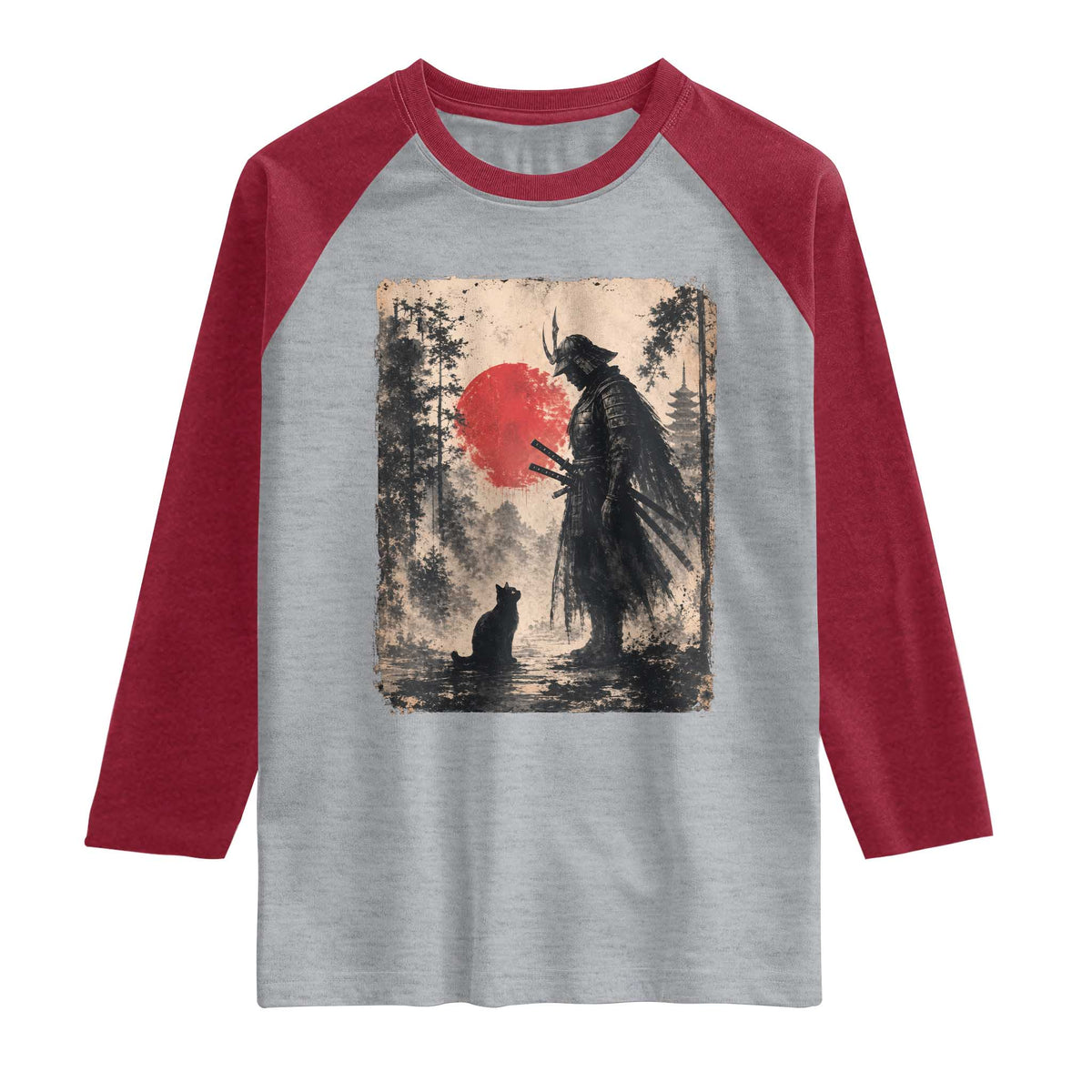Vintage Japanese Samurai Warrior and Black Cat Raglan Shirt TS10 Heather Gray Heather Red Print Your Wear