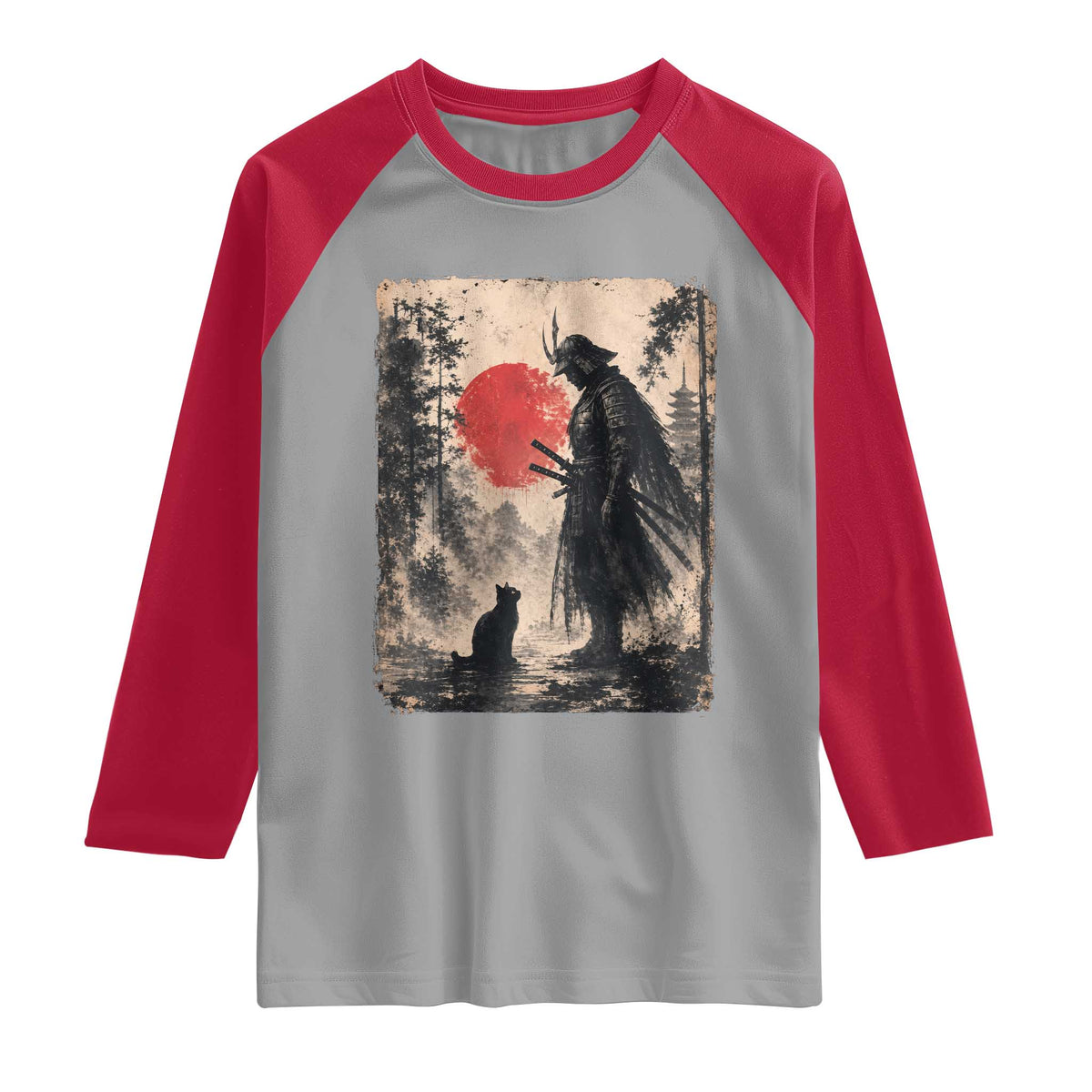 Vintage Japanese Samurai Warrior and Black Cat Raglan Shirt TS10 Sport Gray Red Print Your Wear