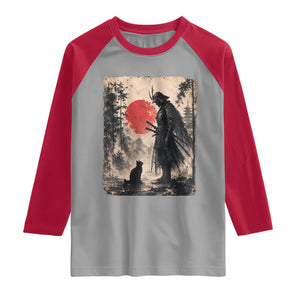 Vintage Japanese Samurai Warrior and Black Cat Raglan Shirt TS10 Sport Gray Red Print Your Wear