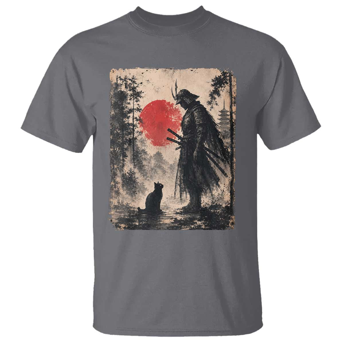 Vintage Japanese Samurai Warrior and Black Cat T Shirt TS10 Charcoal Print Your Wear