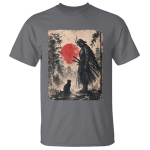 Vintage Japanese Samurai Warrior and Black Cat T Shirt TS10 Charcoal Print Your Wear