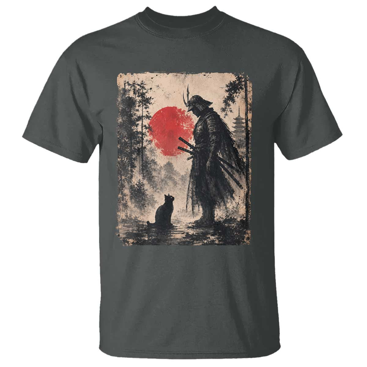 Vintage Japanese Samurai Warrior and Black Cat T Shirt TS10 Dark Heather Print Your Wear