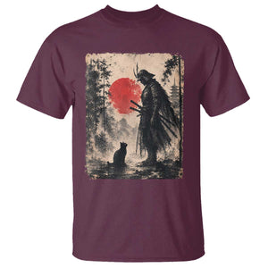 Vintage Japanese Samurai Warrior and Black Cat T Shirt TS10 Maroon Print Your Wear