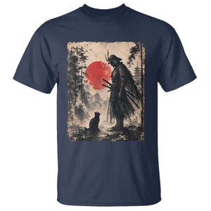 Vintage Japanese Samurai Warrior and Black Cat T Shirt TS10 Navy Print Your Wear