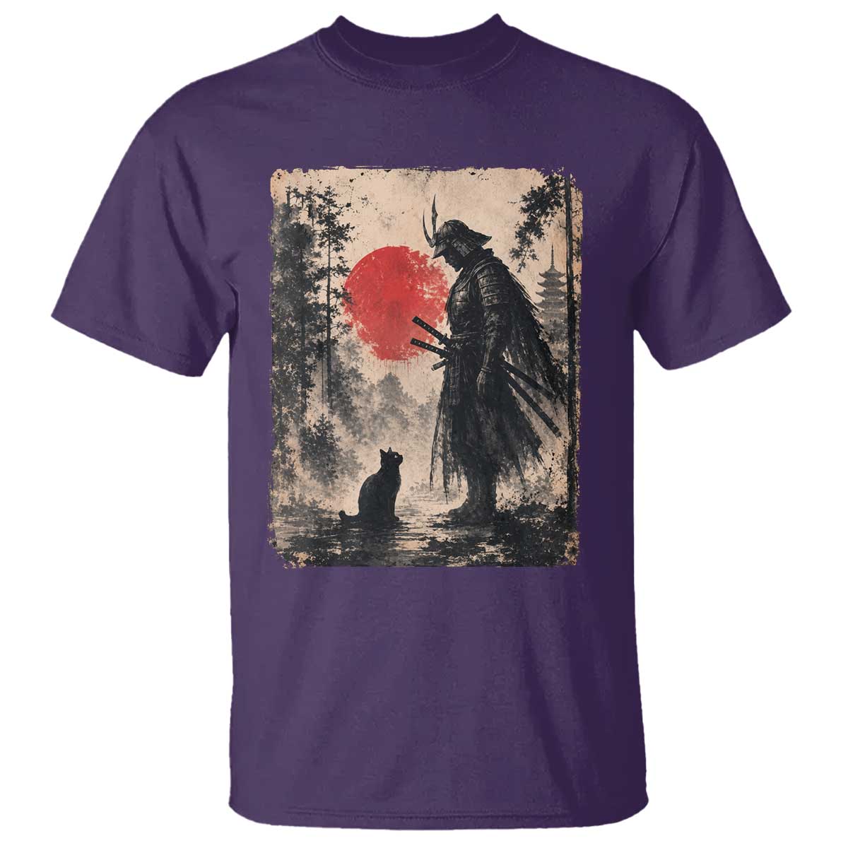 Vintage Japanese Samurai Warrior and Black Cat T Shirt TS10 Purple Print Your Wear