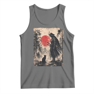 Vintage Japanese Samurai Warrior and Black Cat Tank Top TS10 Black Heather Print Your Wear