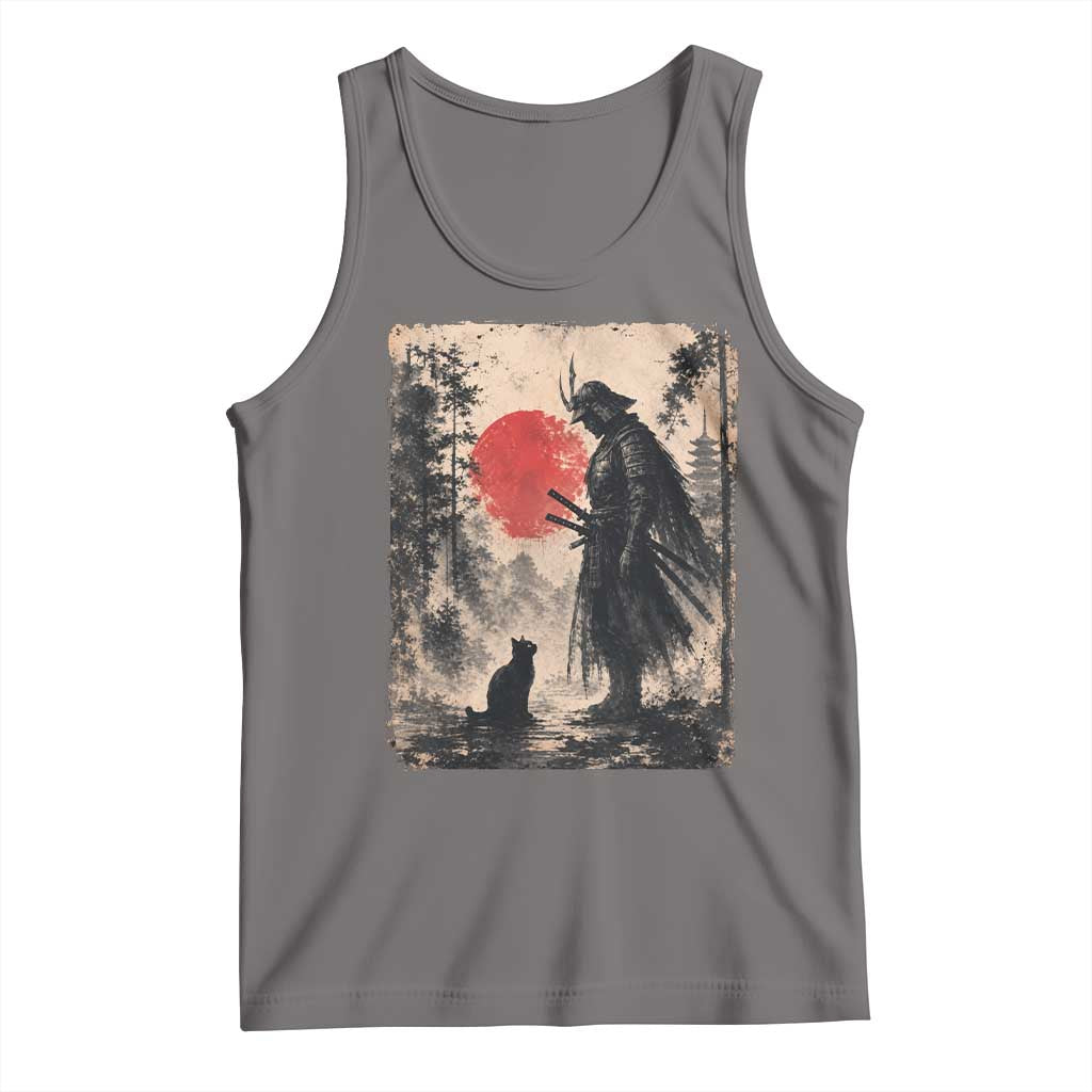 Vintage Japanese Samurai Warrior and Black Cat Tank Top TS10 Deep Heather Print Your Wear