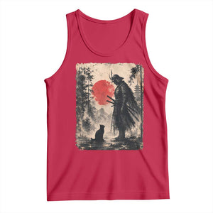 Vintage Japanese Samurai Warrior and Black Cat Tank Top TS10 Red Print Your Wear