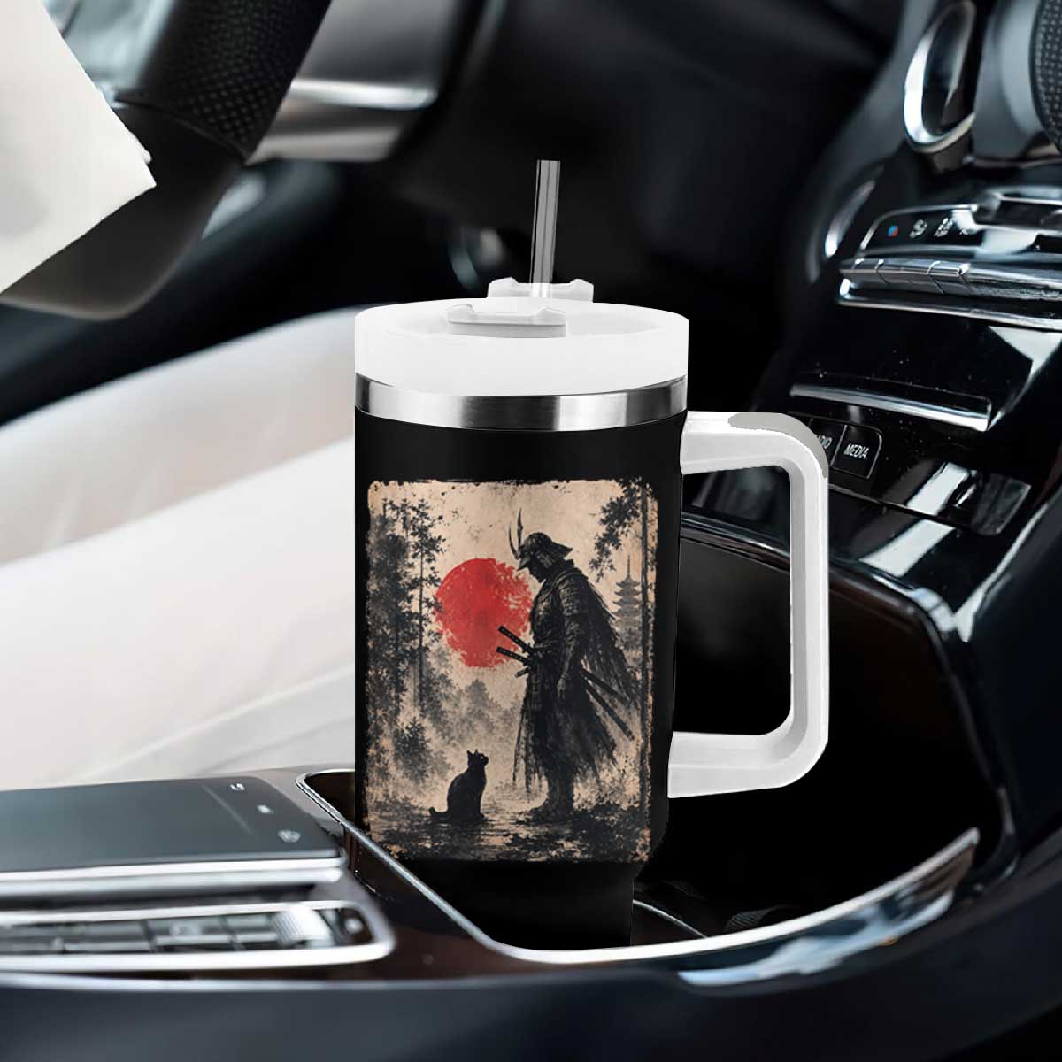 Vintage Japanese Samurai Warrior and Black Cat Tumbler With Handle TS10 Print Your Wear