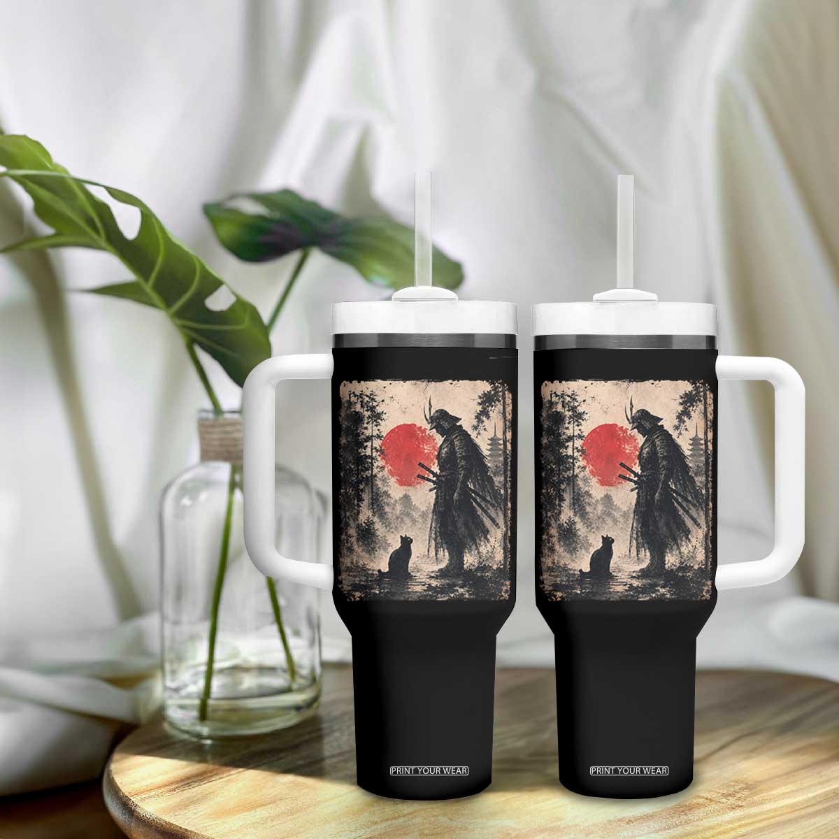 Vintage Japanese Samurai Warrior and Black Cat Tumbler With Handle TS10 Print Your Wear