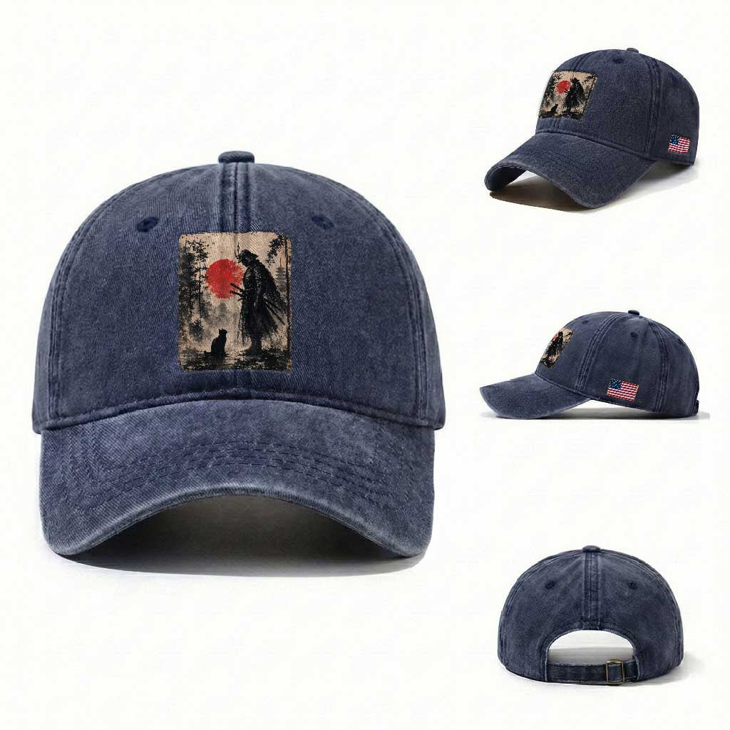 Vintage Japanese Samurai Warrior and Black Cat Washed Cotton Baseball Cap TS10 Washed Cap Universal Fit Navy Print Your Wear