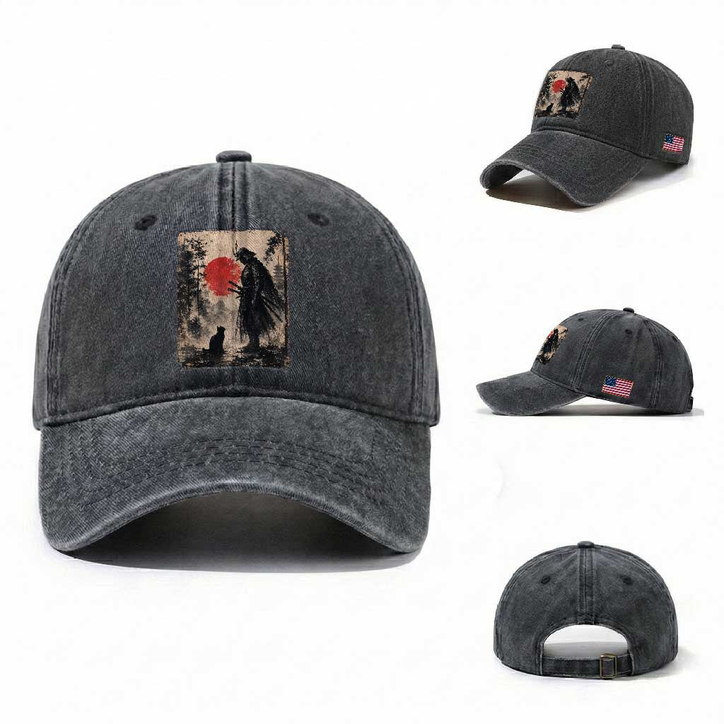 Vintage Japanese Samurai Warrior and Black Cat Washed Cotton Baseball Cap TS10 Washed Cap Universal Fit Dark Gray Print Your Wear