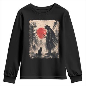 Vintage Japanese Samurai Warrior and Black Cat Youth Sweatshirt TS10 Black Print Your Wear