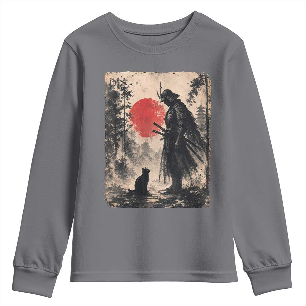 Vintage Japanese Samurai Warrior and Black Cat Youth Sweatshirt TS10 Charcoal Print Your Wear