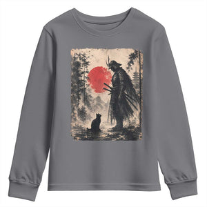 Vintage Japanese Samurai Warrior and Black Cat Youth Sweatshirt TS10 Charcoal Print Your Wear