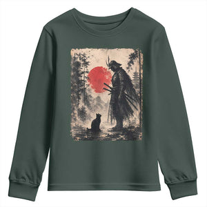 Vintage Japanese Samurai Warrior and Black Cat Youth Sweatshirt TS10 Dark Forest Green Print Your Wear