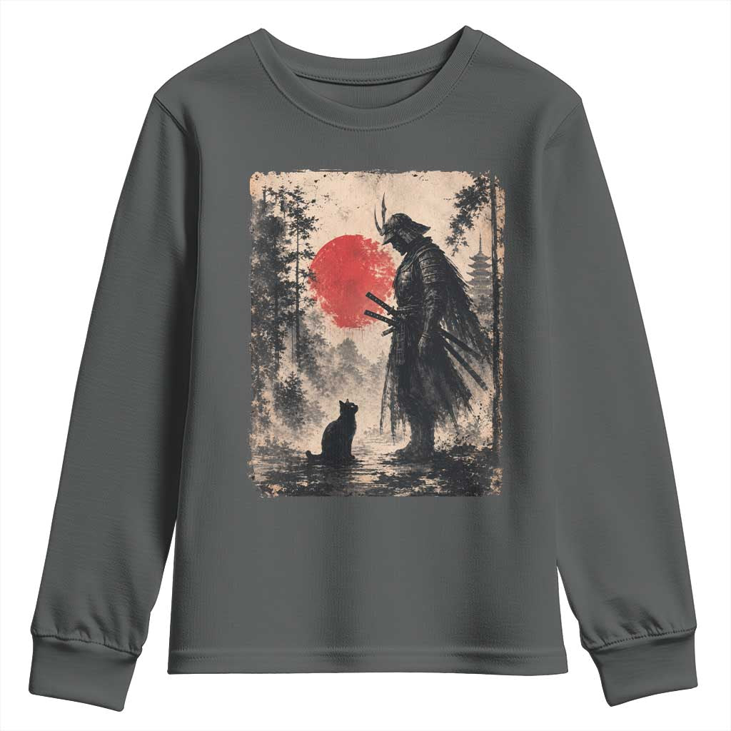 Vintage Japanese Samurai Warrior and Black Cat Youth Sweatshirt TS10 Dark Heather Print Your Wear