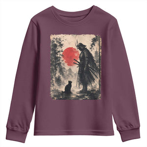 Vintage Japanese Samurai Warrior and Black Cat Youth Sweatshirt TS10 Maroon Print Your Wear