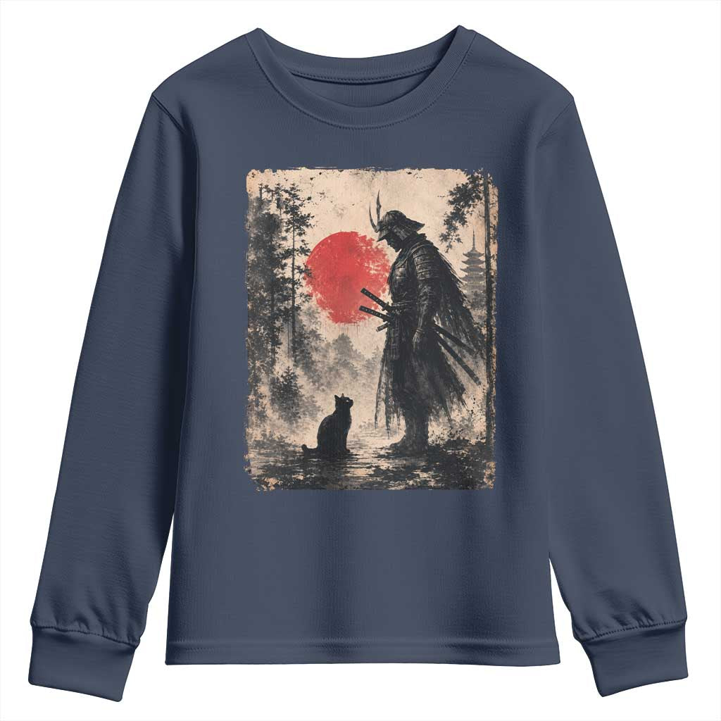 Vintage Japanese Samurai Warrior and Black Cat Youth Sweatshirt TS10 Navy Print Your Wear