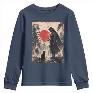 Vintage Japanese Samurai Warrior and Black Cat Youth Sweatshirt TS10 Navy Print Your Wear