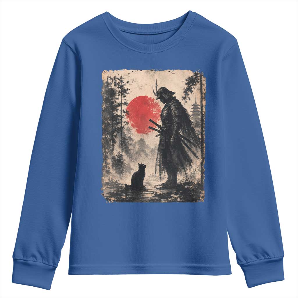 Vintage Japanese Samurai Warrior and Black Cat Youth Sweatshirt TS10 Royal Blue Print Your Wear