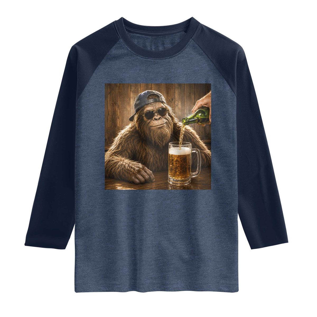 Funny Bigfoot Drinking Beer Raglan Shirt Vintage Cool Sunglasses Sasquatch Pub Graphic TS10 Heather Denim Navy Print Your Wear