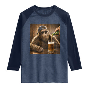 Funny Bigfoot Drinking Beer Raglan Shirt Vintage Cool Sunglasses Sasquatch Pub Graphic TS10 Heather Denim Navy Print Your Wear