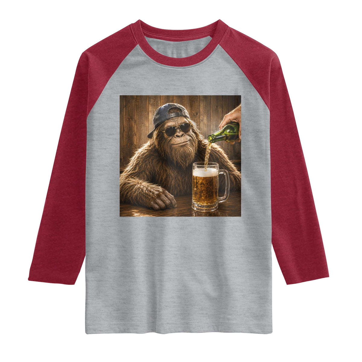 Funny Bigfoot Drinking Beer Raglan Shirt Vintage Cool Sunglasses Sasquatch Pub Graphic TS10 Heather Gray Heather Red Print Your Wear