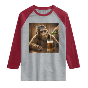Funny Bigfoot Drinking Beer Raglan Shirt Vintage Cool Sunglasses Sasquatch Pub Graphic TS10 Heather Gray Heather Red Print Your Wear