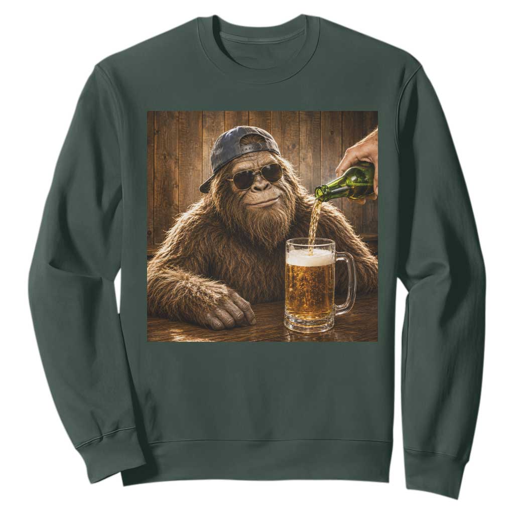 Funny Bigfoot Drinking Beer Sweatshirt Vintage Cool Sunglasses Sasquatch Pub Graphic TS10 Dark Forest Green Print Your Wear