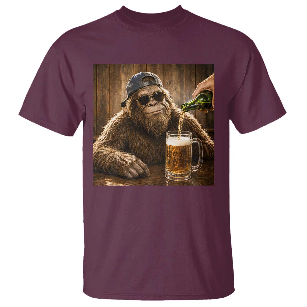 Funny Bigfoot Drinking Beer T Shirt Vintage Cool Sunglasses Sasquatch Pub Graphic TS10 Maroon Print Your Wear