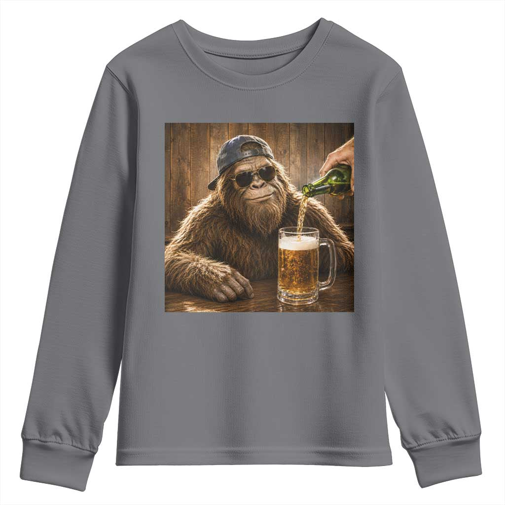 Funny Bigfoot Drinking Beer Youth Sweatshirt Vintage Cool Sunglasses Sasquatch Pub Graphic TS10 Charcoal Print Your Wear