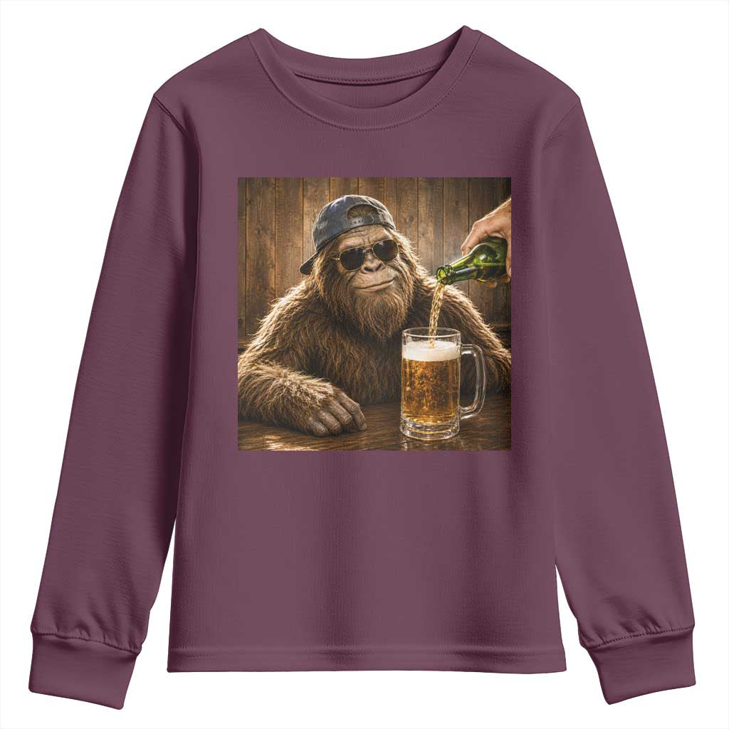 Funny Bigfoot Drinking Beer Youth Sweatshirt Vintage Cool Sunglasses Sasquatch Pub Graphic TS10 Maroon Print Your Wear