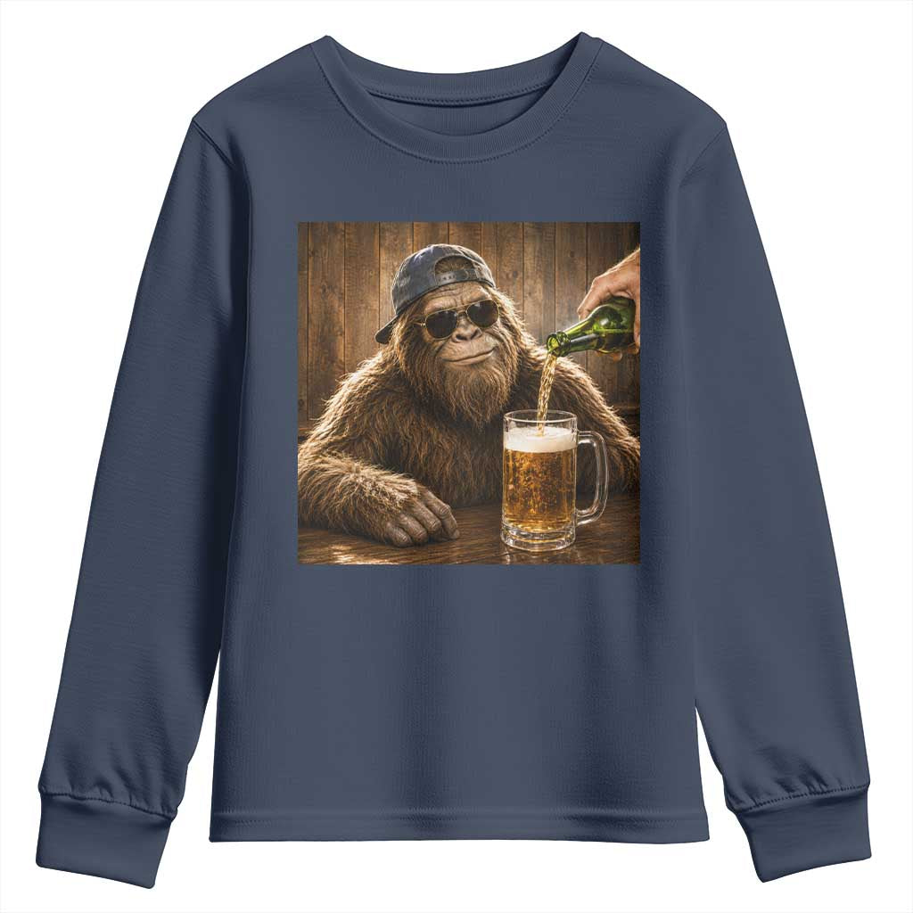 Funny Bigfoot Drinking Beer Youth Sweatshirt Vintage Cool Sunglasses Sasquatch Pub Graphic TS10 Navy Print Your Wear