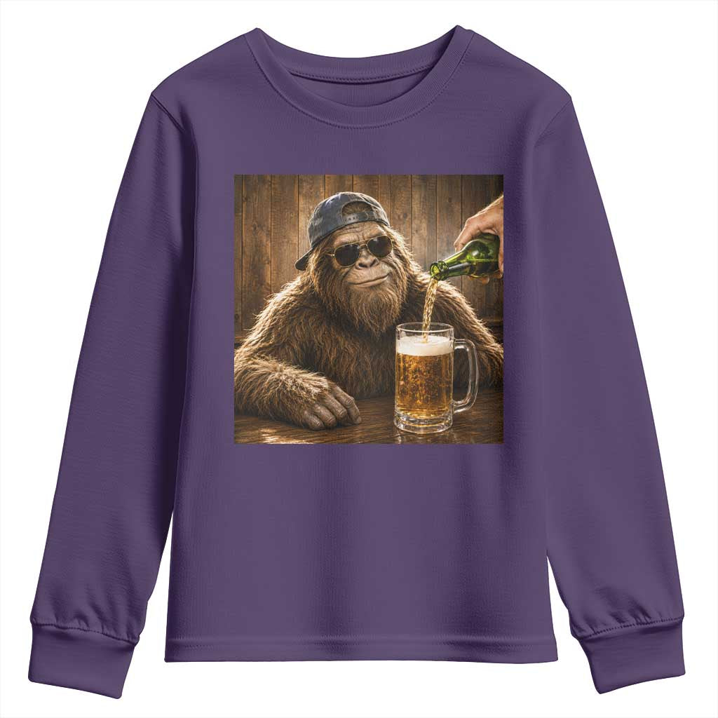 Funny Bigfoot Drinking Beer Youth Sweatshirt Vintage Cool Sunglasses Sasquatch Pub Graphic TS10 Purple Print Your Wear