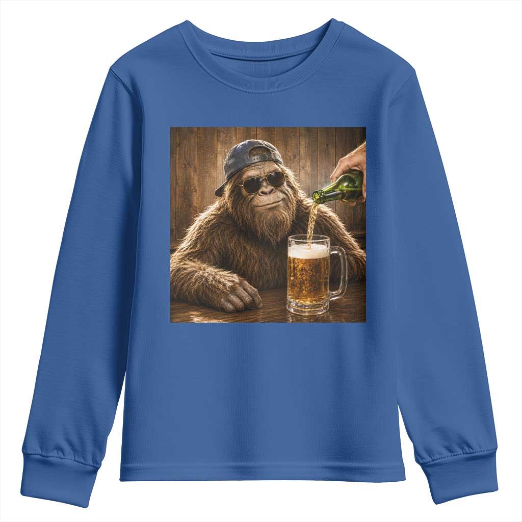 Funny Bigfoot Drinking Beer Youth Sweatshirt Vintage Cool Sunglasses Sasquatch Pub Graphic TS10 Royal Blue Print Your Wear