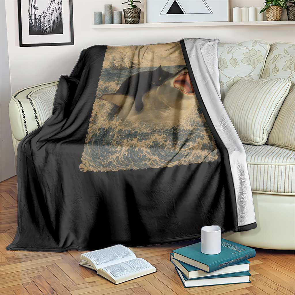 Black Cat Biting Shark Anime Graphic Japanese Throw Blanket Vintage Graphic Ukiyo-e Art TS10 Print Your Wear