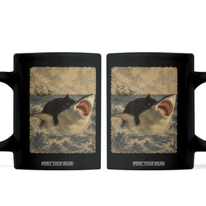 Black Cat Biting Shark Anime Graphic Japanese Coffee Mug Vintage Graphic Ukiyo-e Art TS10 Black Print Your Wear