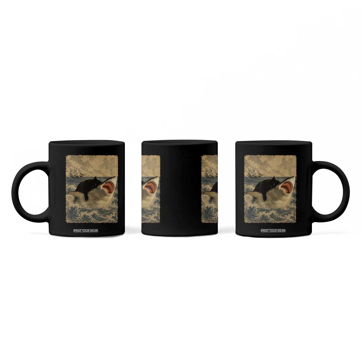 Black Cat Biting Shark Anime Graphic Japanese Coffee Mug Vintage Graphic Ukiyo-e Art TS10 Print Your Wear