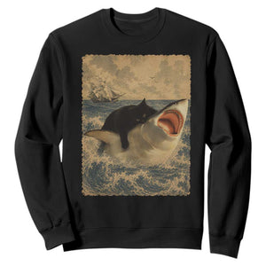 Black Cat Biting Shark Anime Graphic Japanese Sweatshirt Vintage Graphic Ukiyo-e Art TS10 Black Print Your Wear
