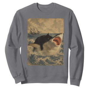 Black Cat Biting Shark Anime Graphic Japanese Sweatshirt Vintage Graphic Ukiyo-e Art TS10 Charcoal Print Your Wear