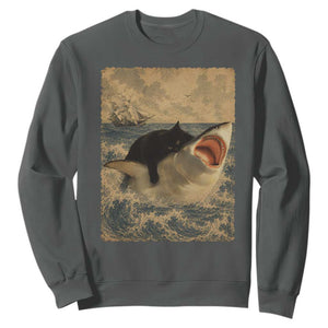 Black Cat Biting Shark Anime Graphic Japanese Sweatshirt Vintage Graphic Ukiyo-e Art TS10 Dark Heather Print Your Wear